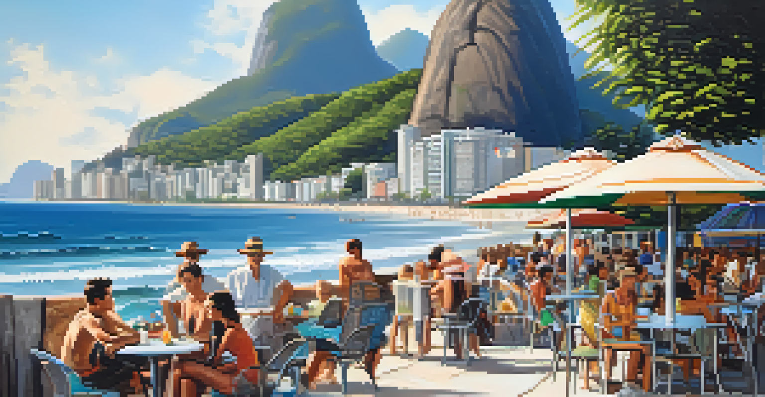 A beachside café in Ipanema with outdoor seating, sunbathers on the beach, and Two Brothers Mountain in the background.