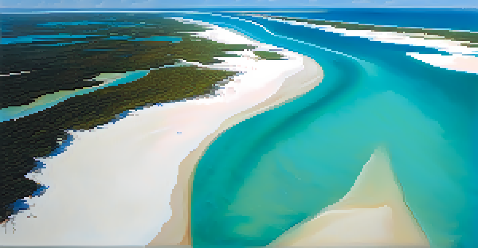 An aerial view of Lençóis Maranhenses National Park, showcasing white sand dunes and turquoise lagoons, creating a stunning contrast.