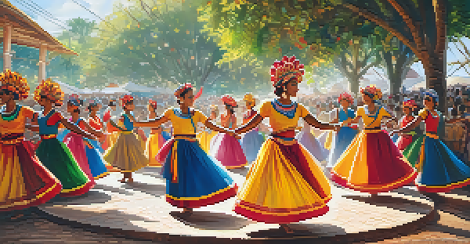 A group of dancers in colorful costumes performing circular dances at the Festival de Cirandas in Pernambuco, with a lively crowd and festive decorations in a sunlit setting.