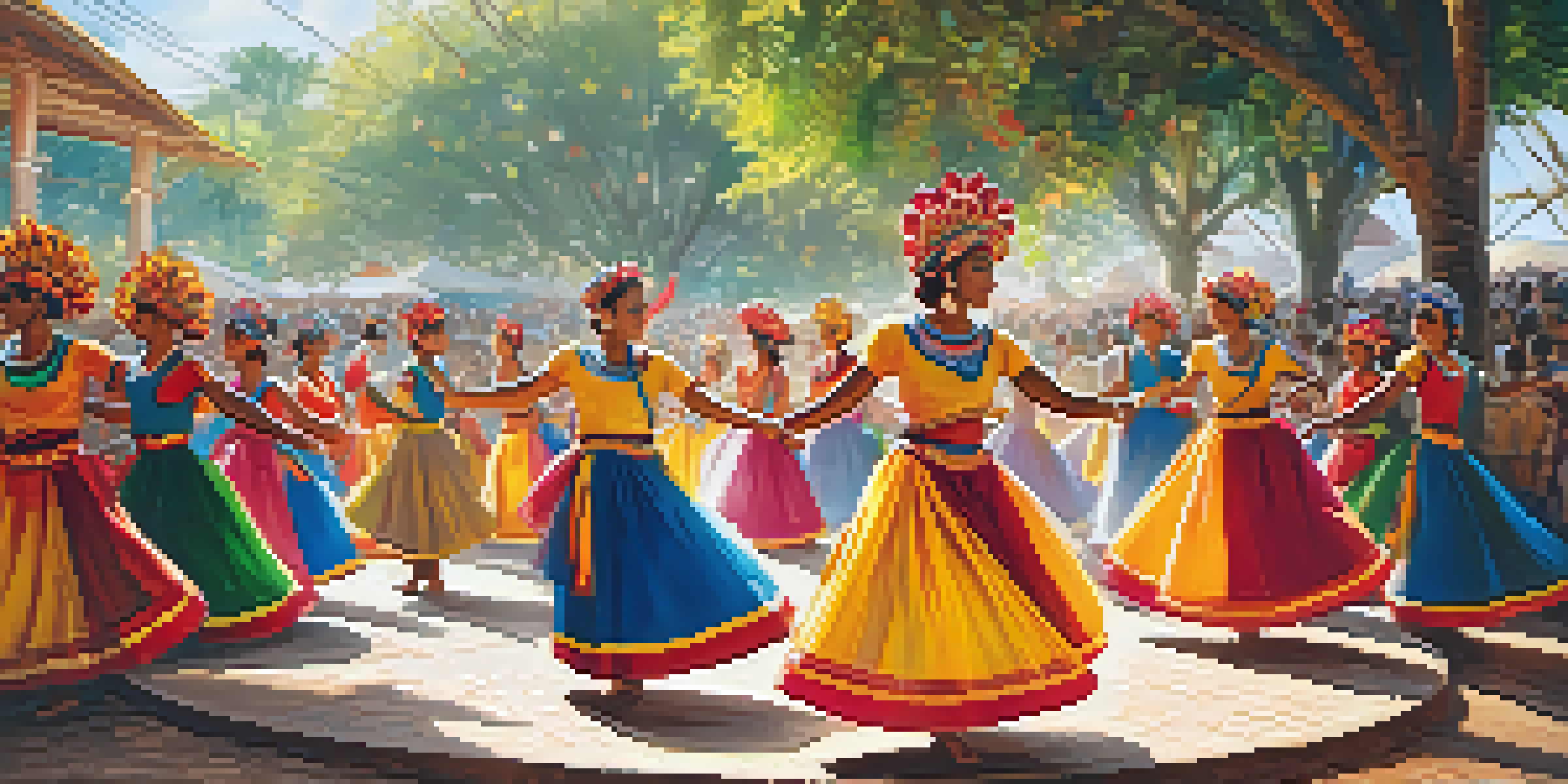 A group of dancers in colorful costumes performing circular dances at the Festival de Cirandas in Pernambuco, with a lively crowd and festive decorations in a sunlit setting.