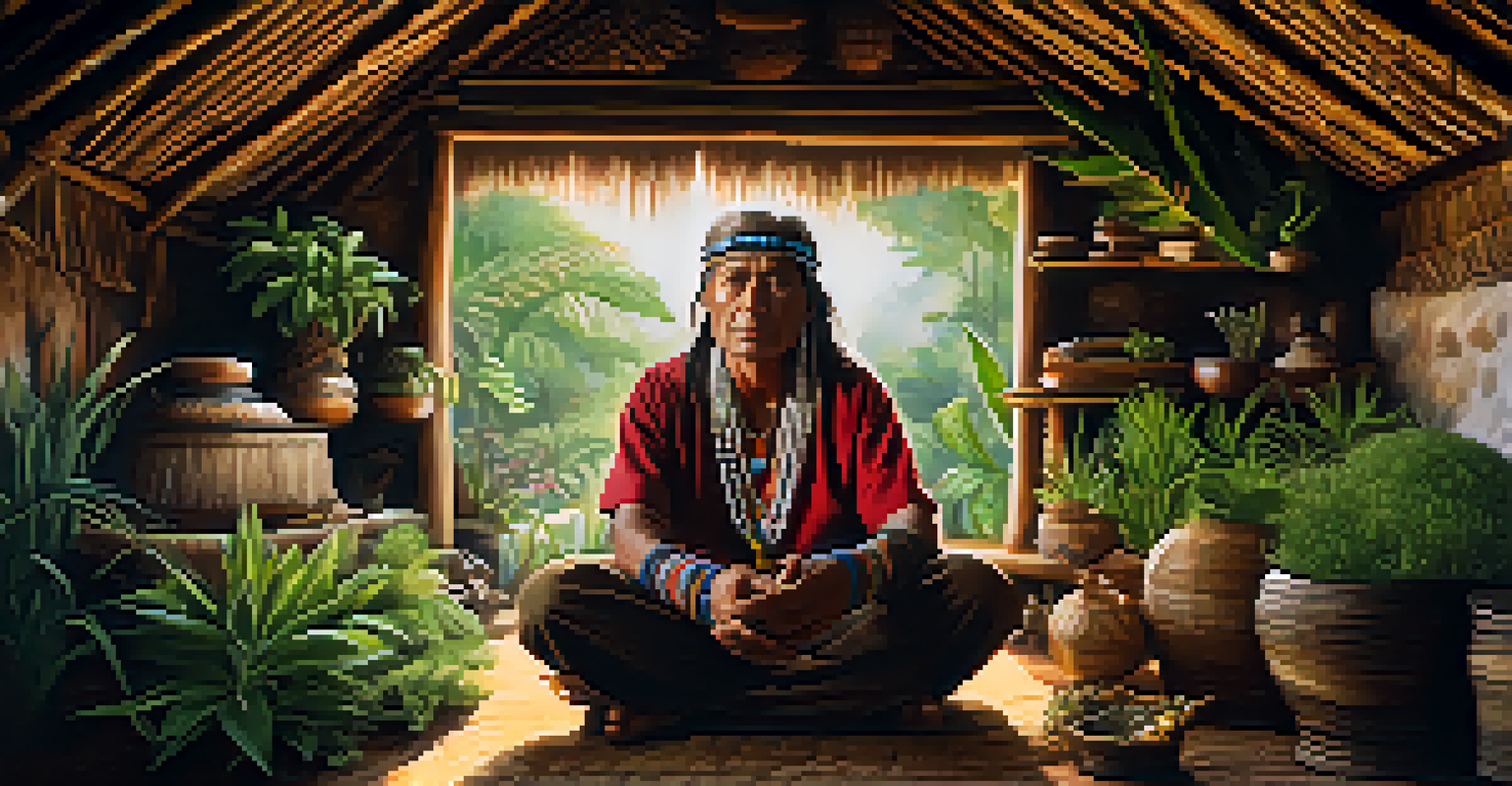 A close-up of an indigenous shaman in a traditional hut, surrounded by medicinal plants, with a calm expression and warm lighting.