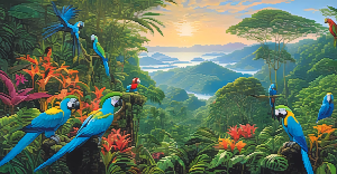 A colorful depiction of Brazil's Atlantic Forest with flowers, tall trees, and various birds including a Spix's Macaw.
