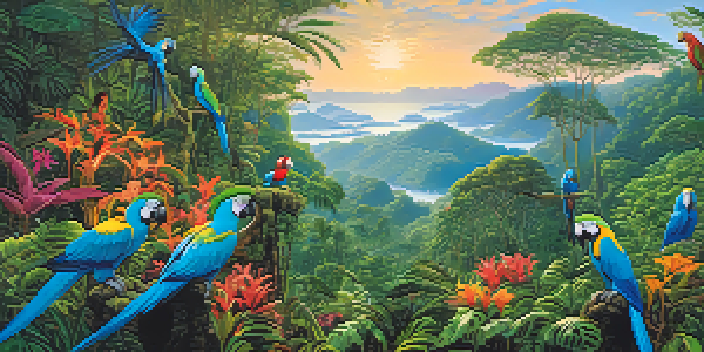 A colorful depiction of Brazil's Atlantic Forest with flowers, tall trees, and various birds including a Spix's Macaw.