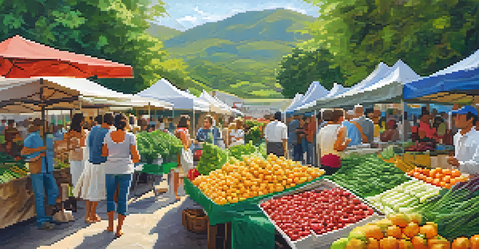 A lively farmers' market in Brazil with stalls of organic produce and farmers interacting with customers.
