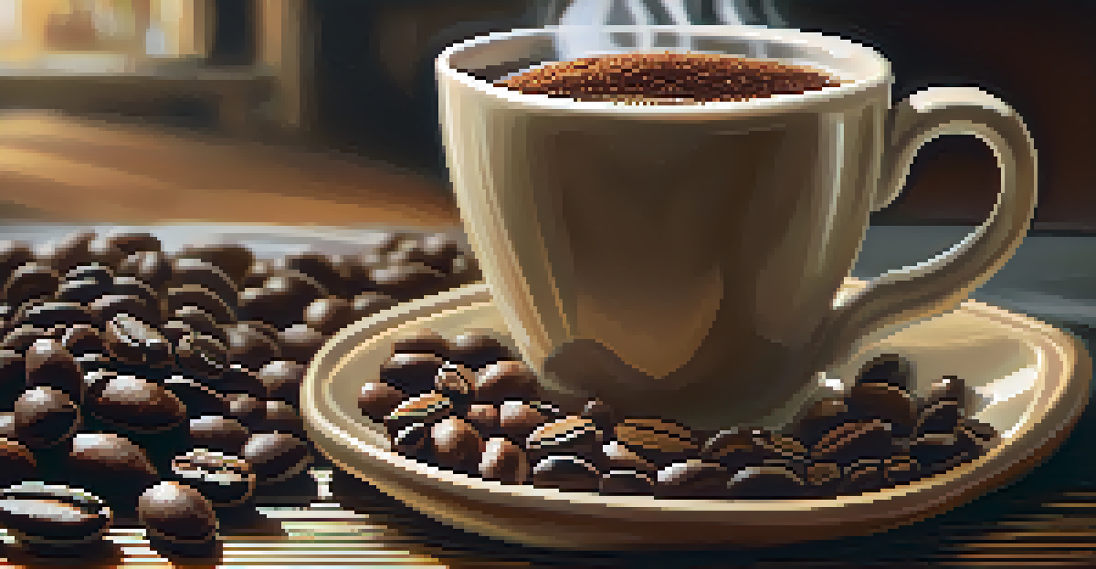 Close-up of roasted Brazilian coffee beans on a wooden table beside a steaming cup of coffee.