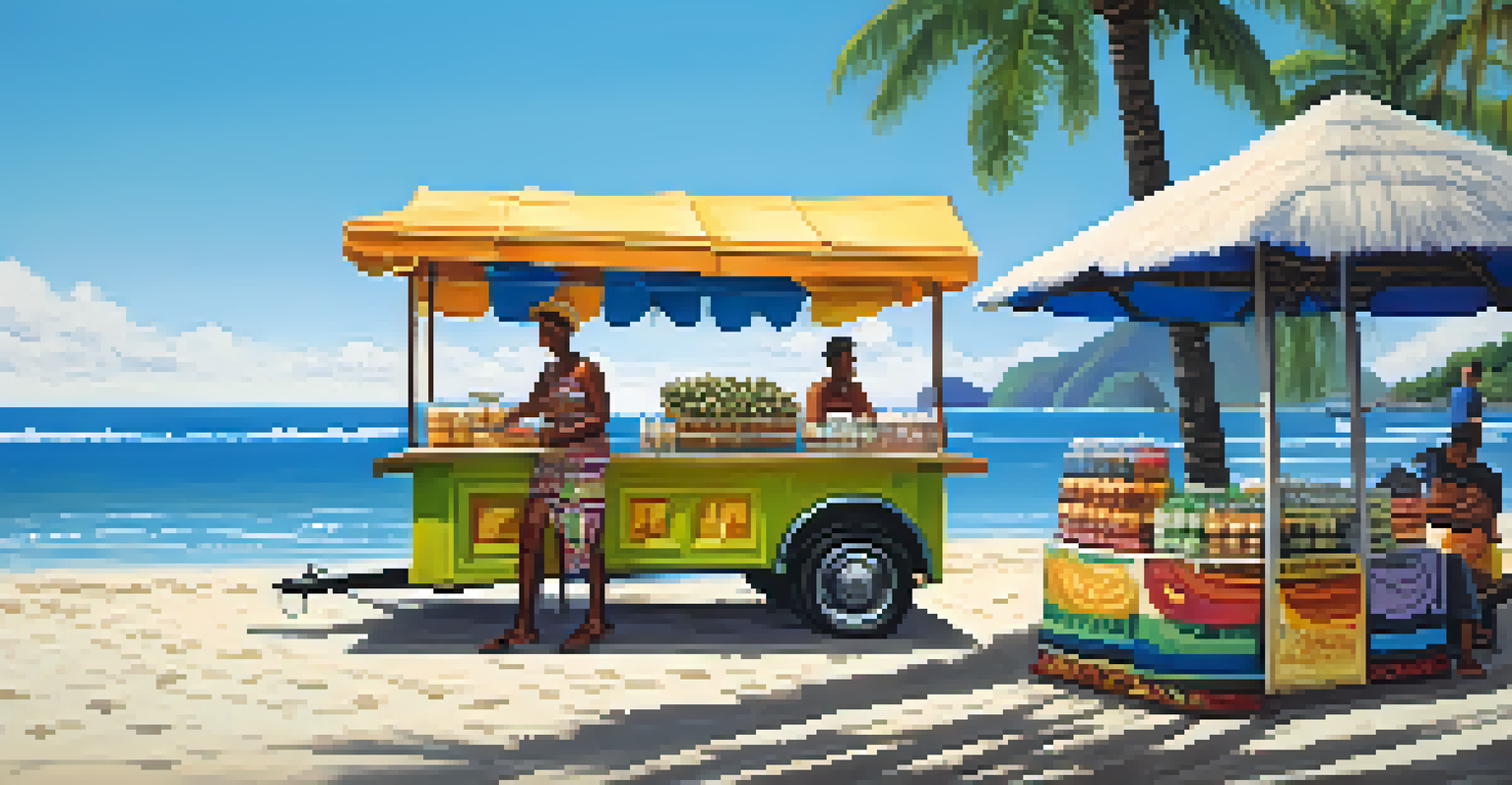 A beachside vendor in Rio de Janeiro selling acai bowls and coconut water, with a vibrant ocean backdrop.