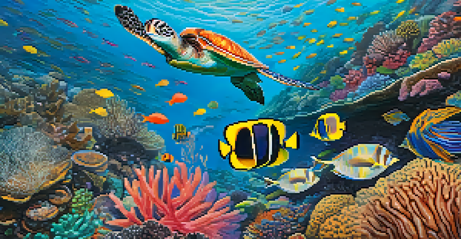 A close-up of a coral reef in Fernando de Noronha with colorful fish and a sea turtle swimming in clear water.