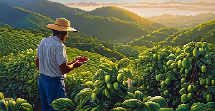 A beautiful view of a Brazilian coffee plantation at sunrise, with a farmer inspecting coffee cherries and mountains in the background.