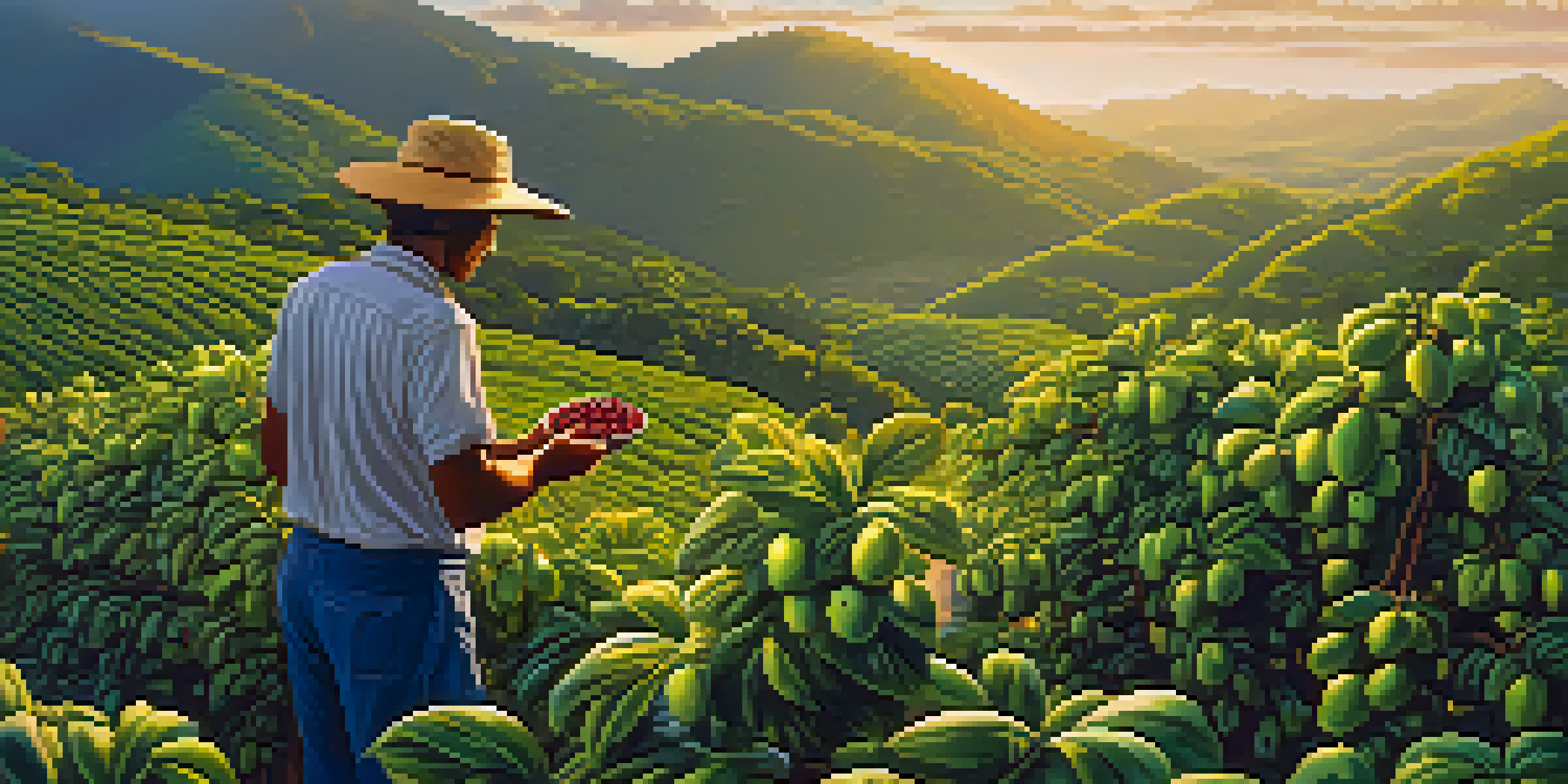 A beautiful view of a Brazilian coffee plantation at sunrise, with a farmer inspecting coffee cherries and mountains in the background.
