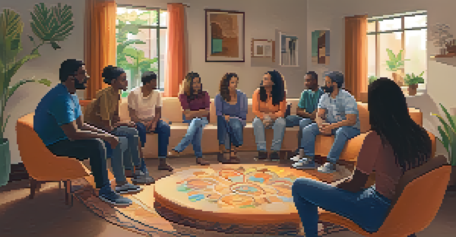 A mental health support group meeting in a cozy urban setting in Brazil, with participants engaging in a supportive discussion.