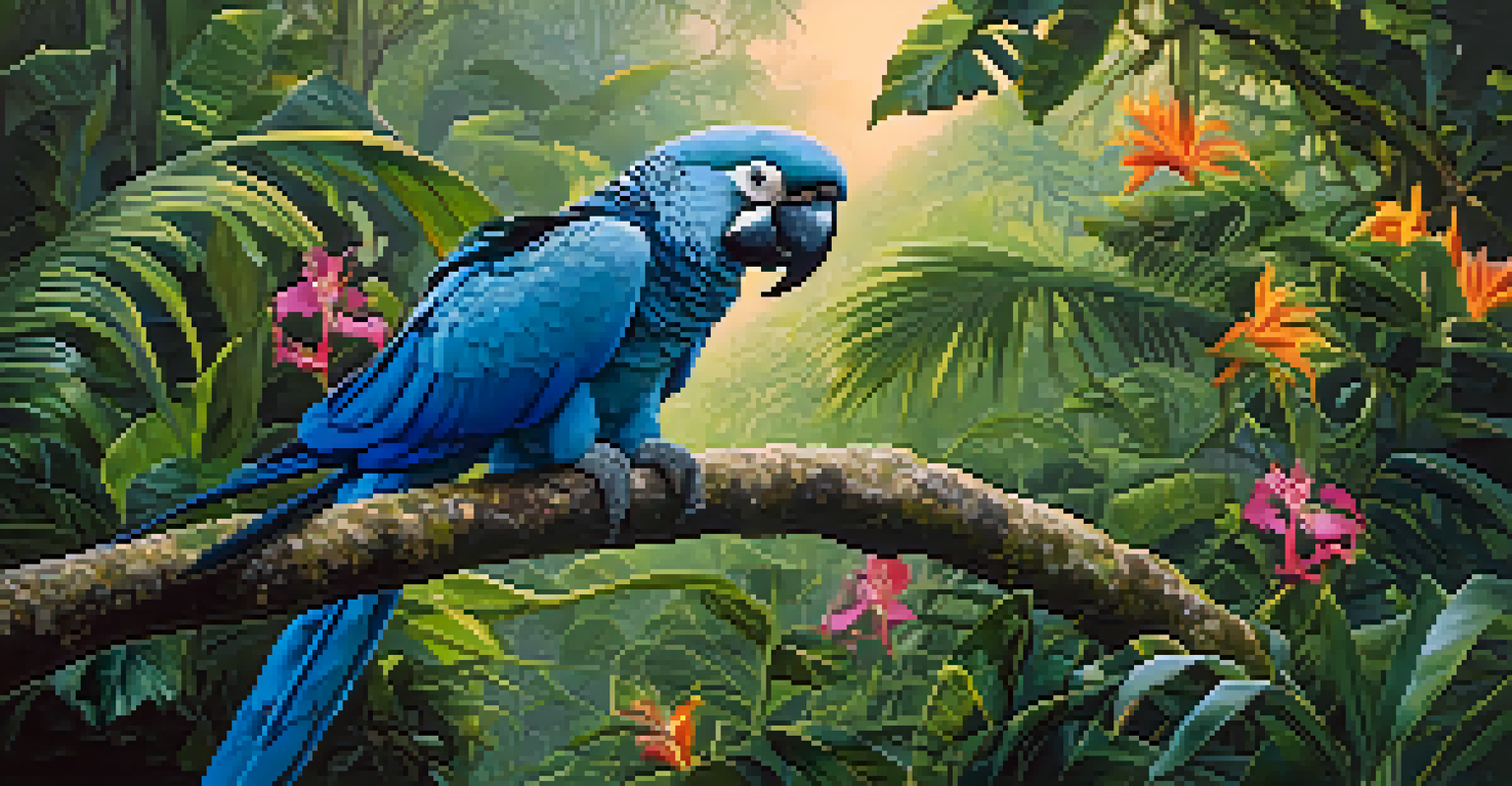 A Spix's Macaw sitting on a branch in a lush green forest filled with colorful flowers.