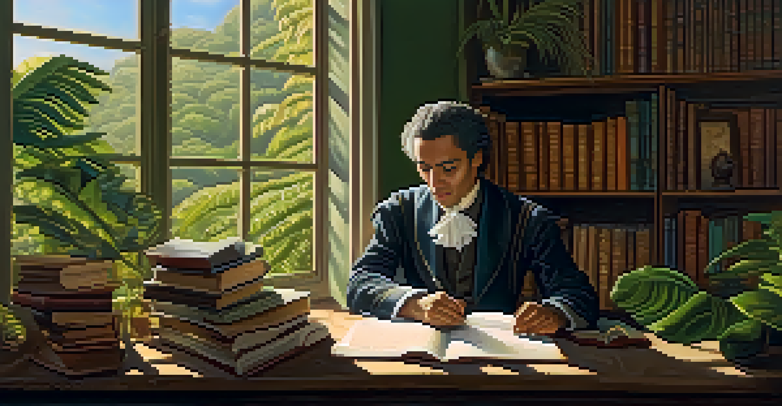 A historical poet in a sunlit room filled with books and plants, reflecting Brazil's artistic heritage.