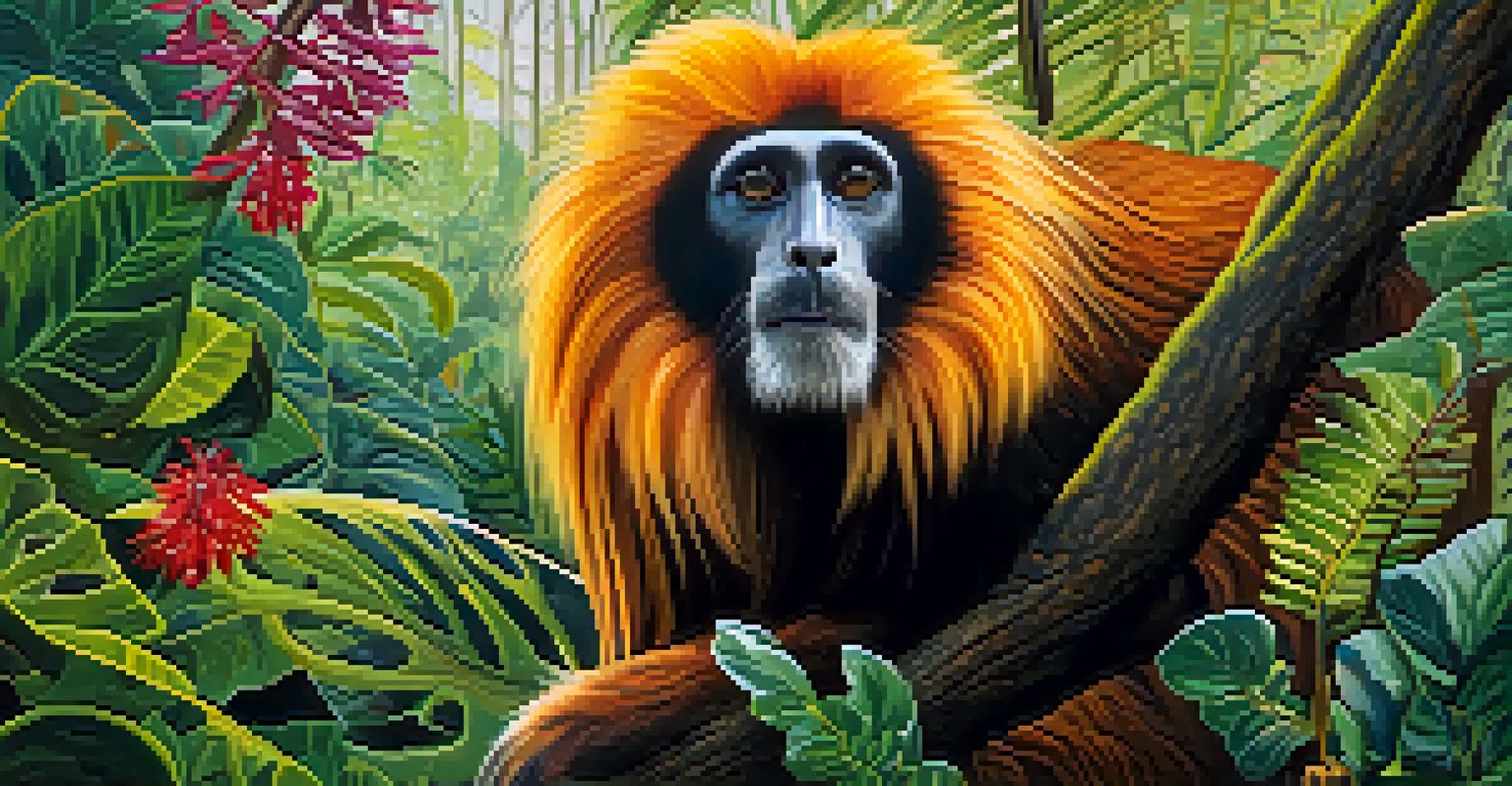 A detailed view of the Atlantic Forest's flora, with colorful flowers, trees, and a golden lion tamarin.