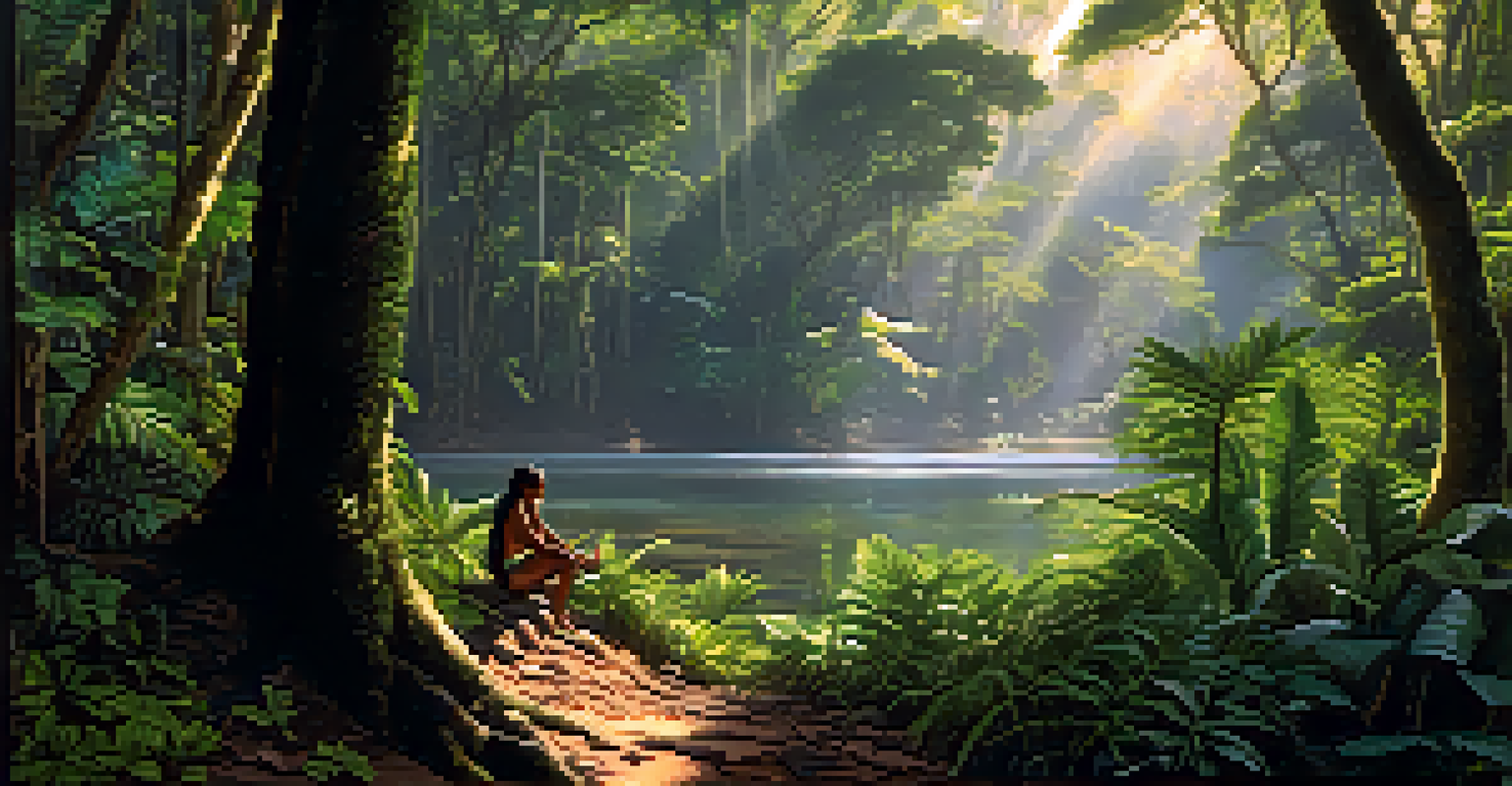 A river in the Amazon rainforest with an indigenous person planting trees.