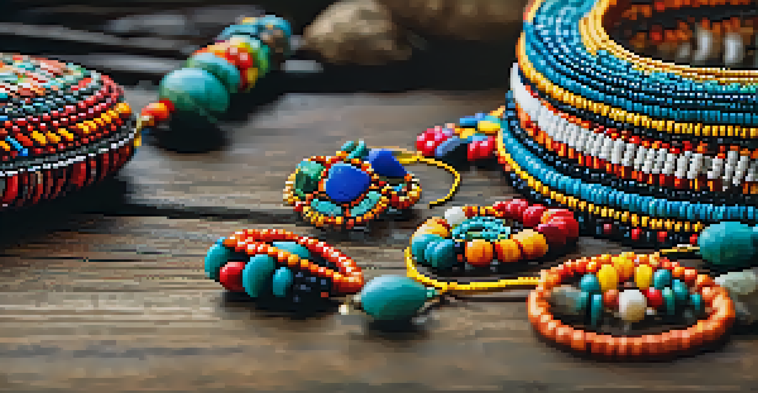 A close-up view of handcrafted Indigenous jewelry with intricate designs, displayed on a wooden table.