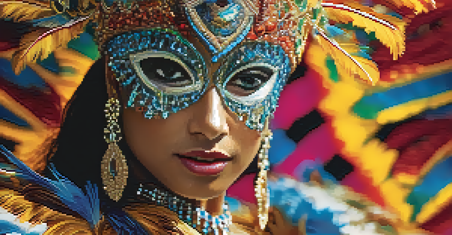 A close-up view of a samba dancer's costume with intricate beads and feathers.