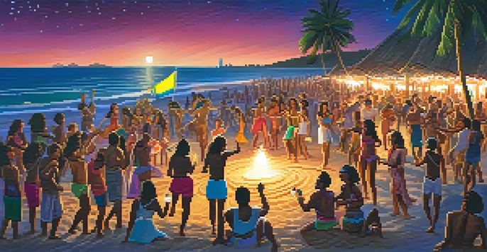A lively beach party in Brazil with people dancing under the stars and colorful lights, with ocean waves in the background.
