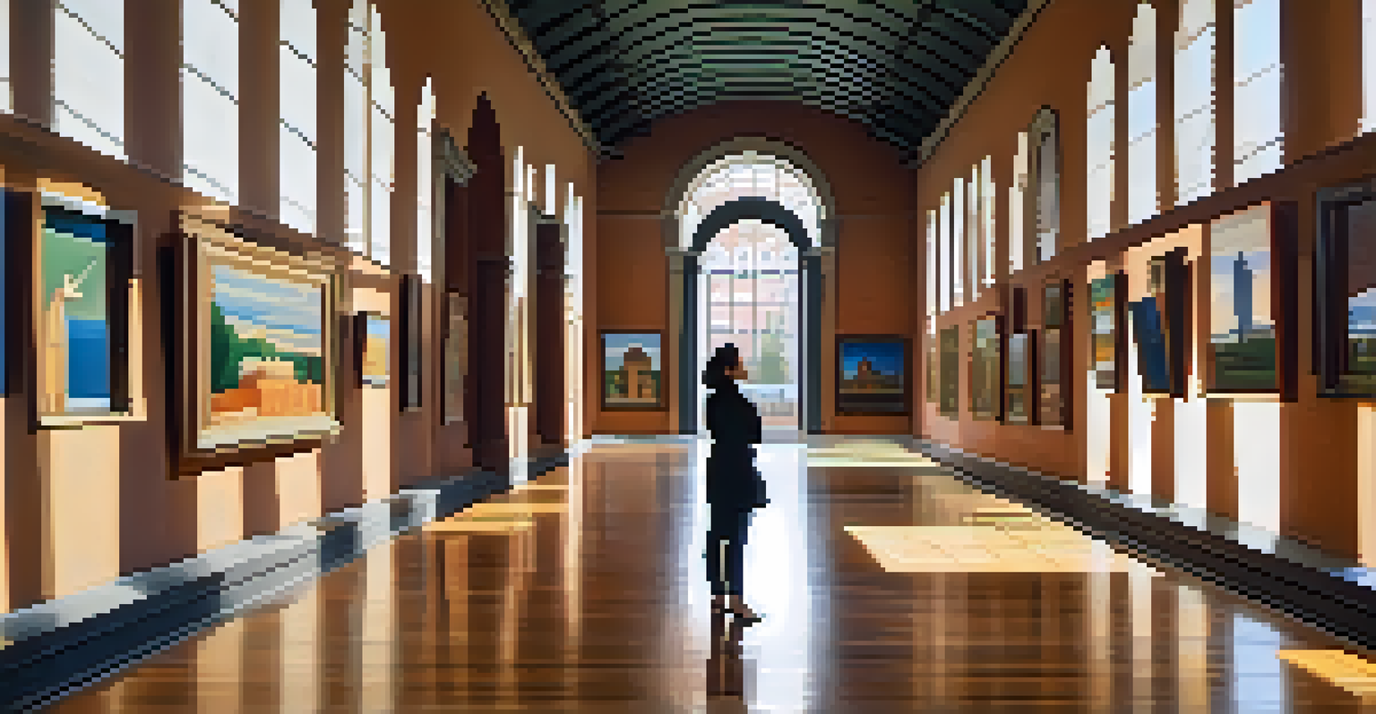 An art lover observing a colorful painting in the Pinacoteca do Estado gallery.