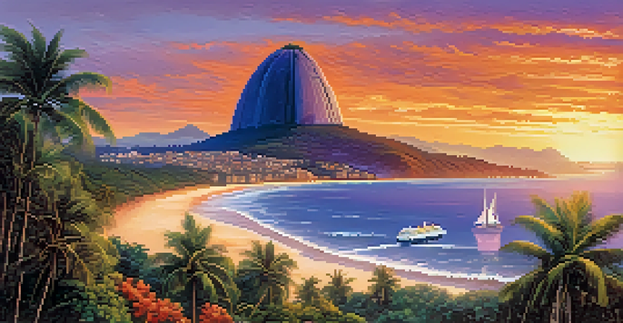 A beautiful sunset over the Brazilian coastline with Sugarloaf Mountain in the background and a cruise ship sailing.