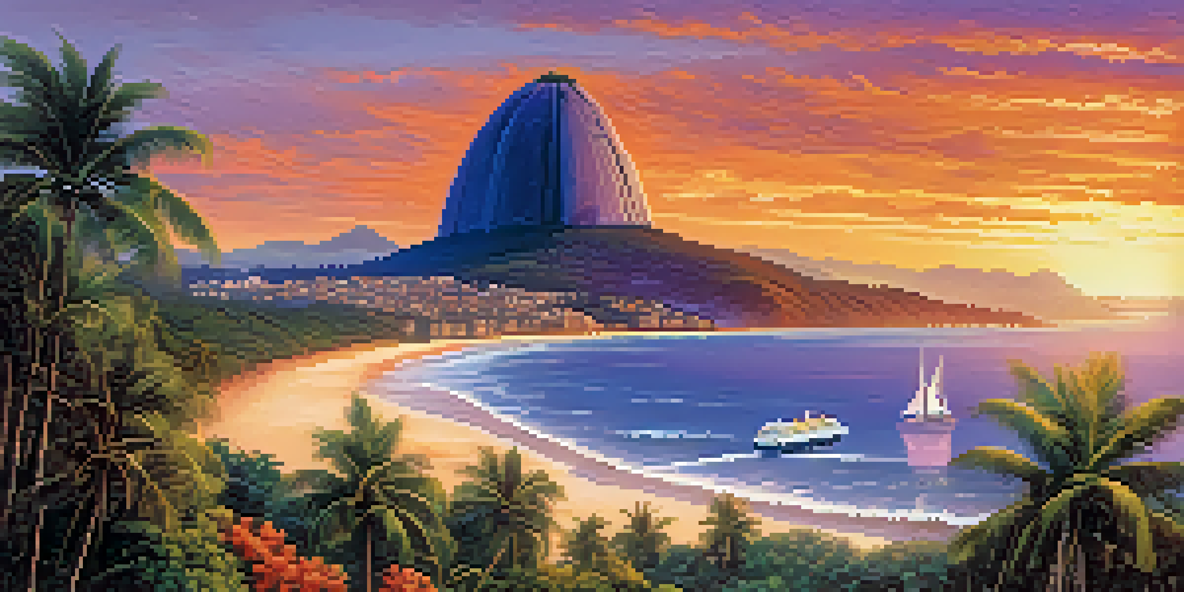 A beautiful sunset over the Brazilian coastline with Sugarloaf Mountain in the background and a cruise ship sailing.
