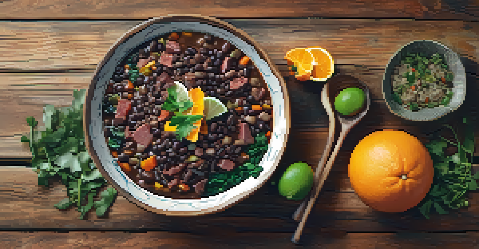 A plate of feijoada with black bean stew, rice, collard greens, and orange slices on a rustic wooden table.