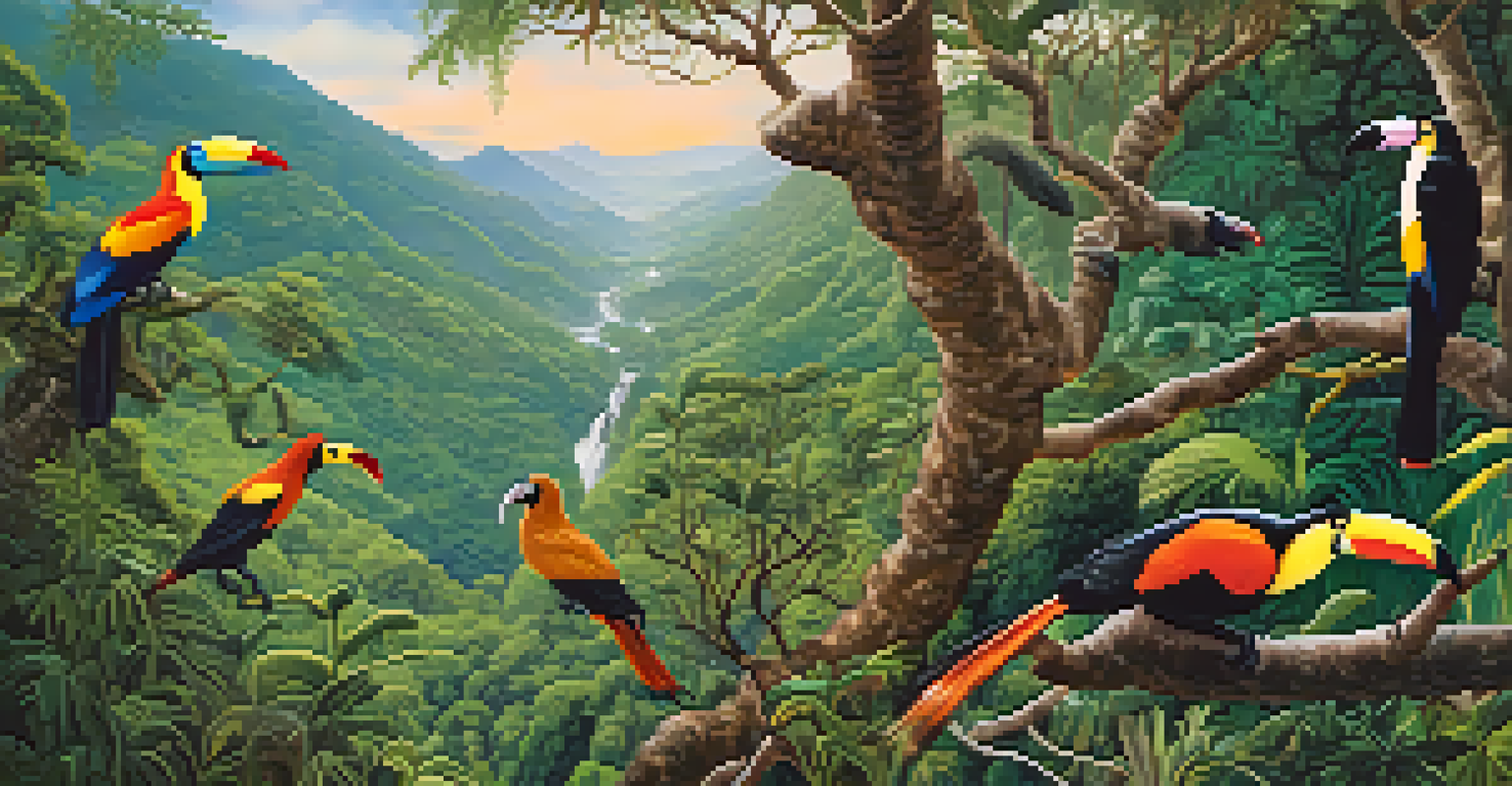 A maned wolf and toucans in a lush forest, showcasing the wildlife of Serra da Canastra.