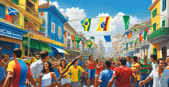 A lively street celebration in Rio de Janeiro with fans in colorful jerseys celebrating football, surrounded by iconic buildings and a bright blue sky.