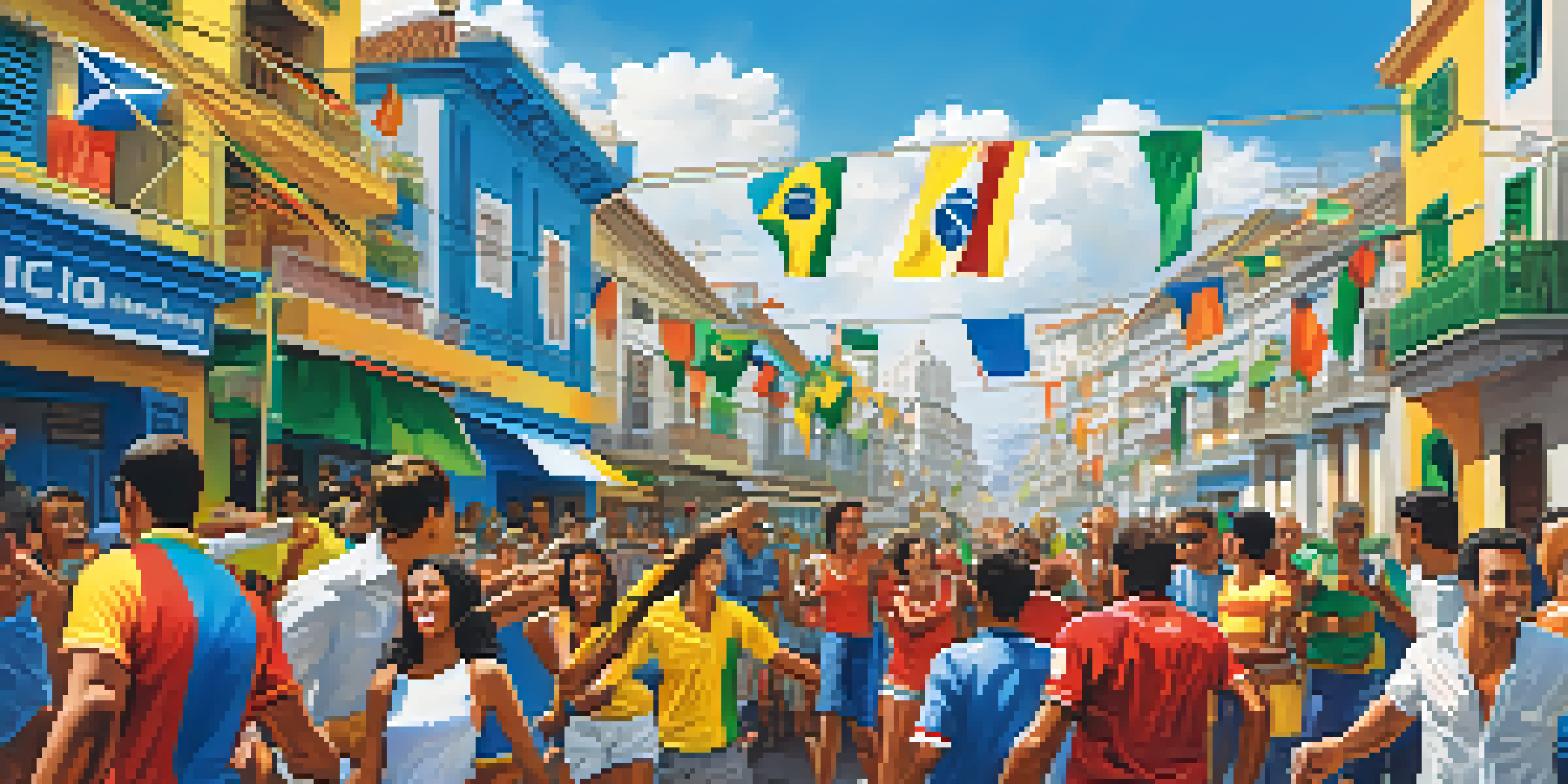 A lively street celebration in Rio de Janeiro with fans in colorful jerseys celebrating football, surrounded by iconic buildings and a bright blue sky.