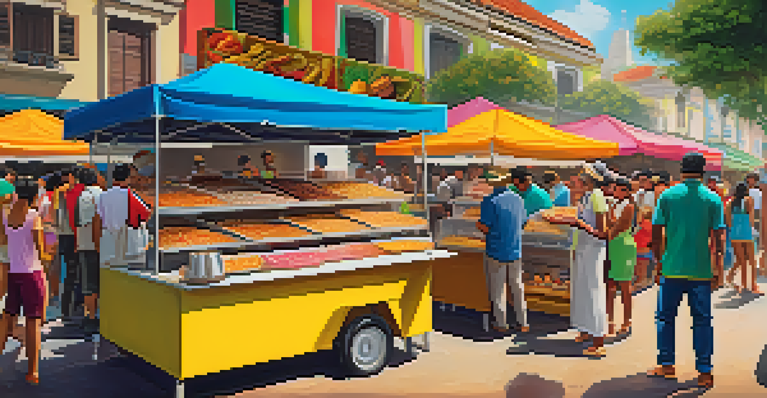 A lively street food vendor at Carnaval offering traditional Brazilian snacks with a crowd enjoying the festive atmosphere.