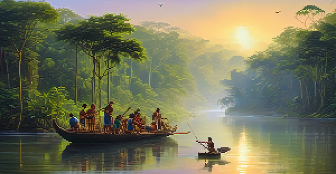 A picturesque view of the Amazon rainforest at sunrise with lush greenery, a misty river, and local Indigenous people crafting along the riverbank.