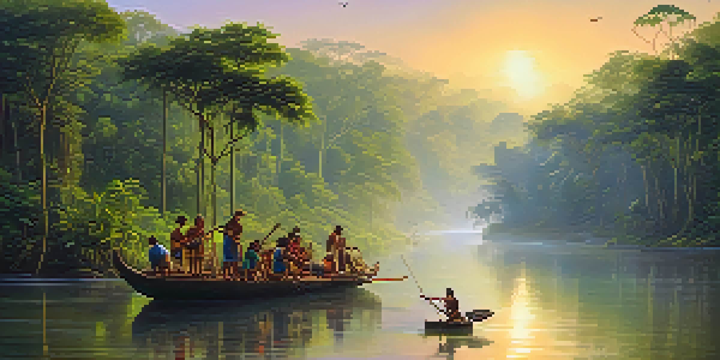 A picturesque view of the Amazon rainforest at sunrise with lush greenery, a misty river, and local Indigenous people crafting along the riverbank.