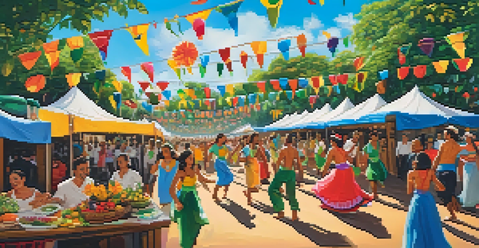 A lively Brazilian festival with people dancing, colorful recycled decorations, and food stalls in a green environment.