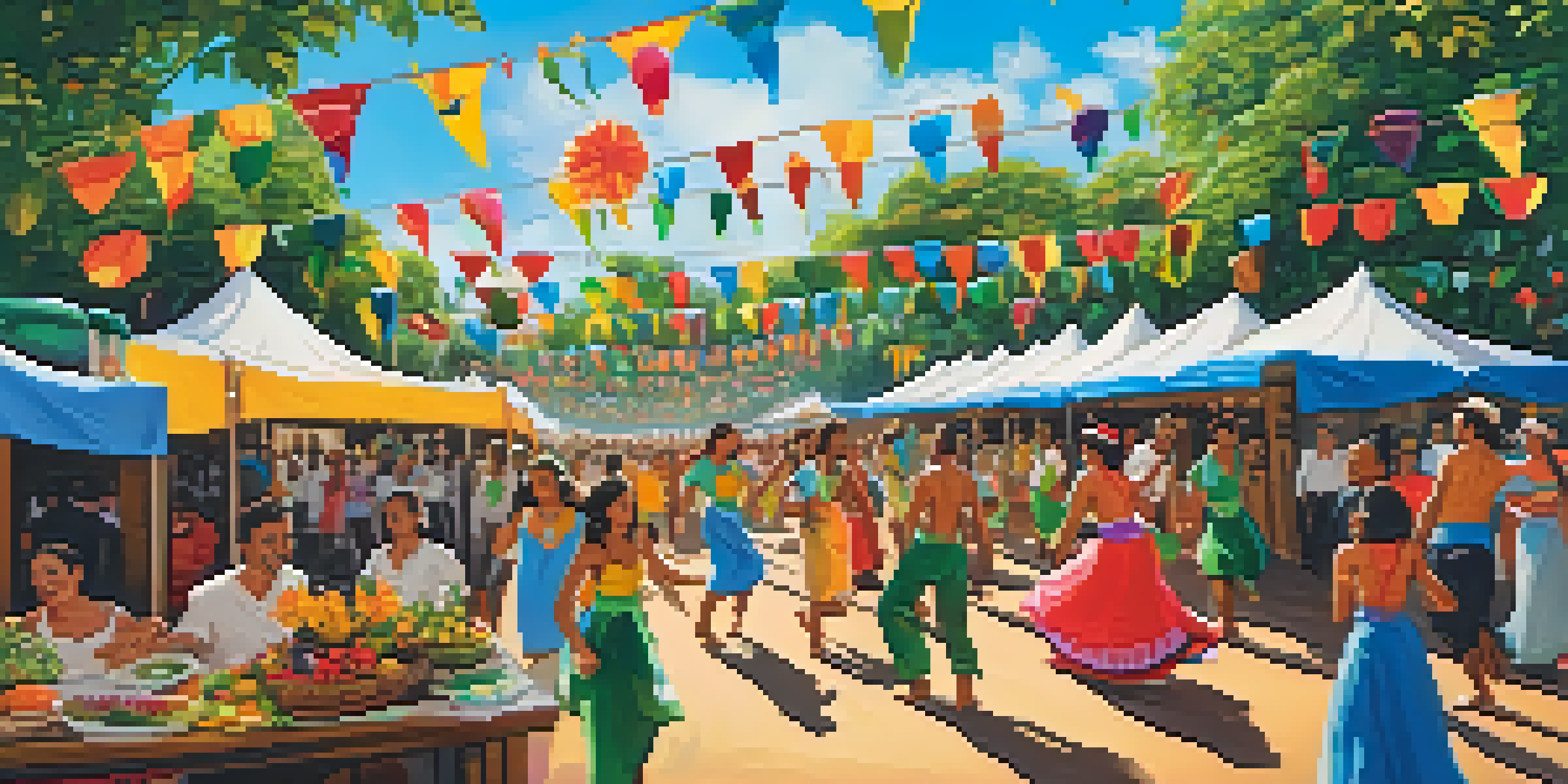 A lively Brazilian festival with people dancing, colorful recycled decorations, and food stalls in a green environment.