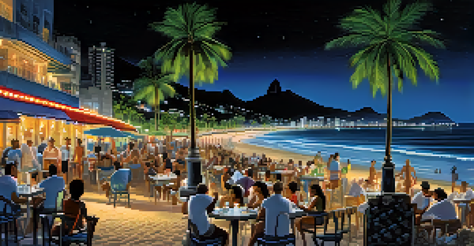 Serene beach scene at night in Rio de Janeiro with moonlight reflecting on waves and colorful nightlife in the background.