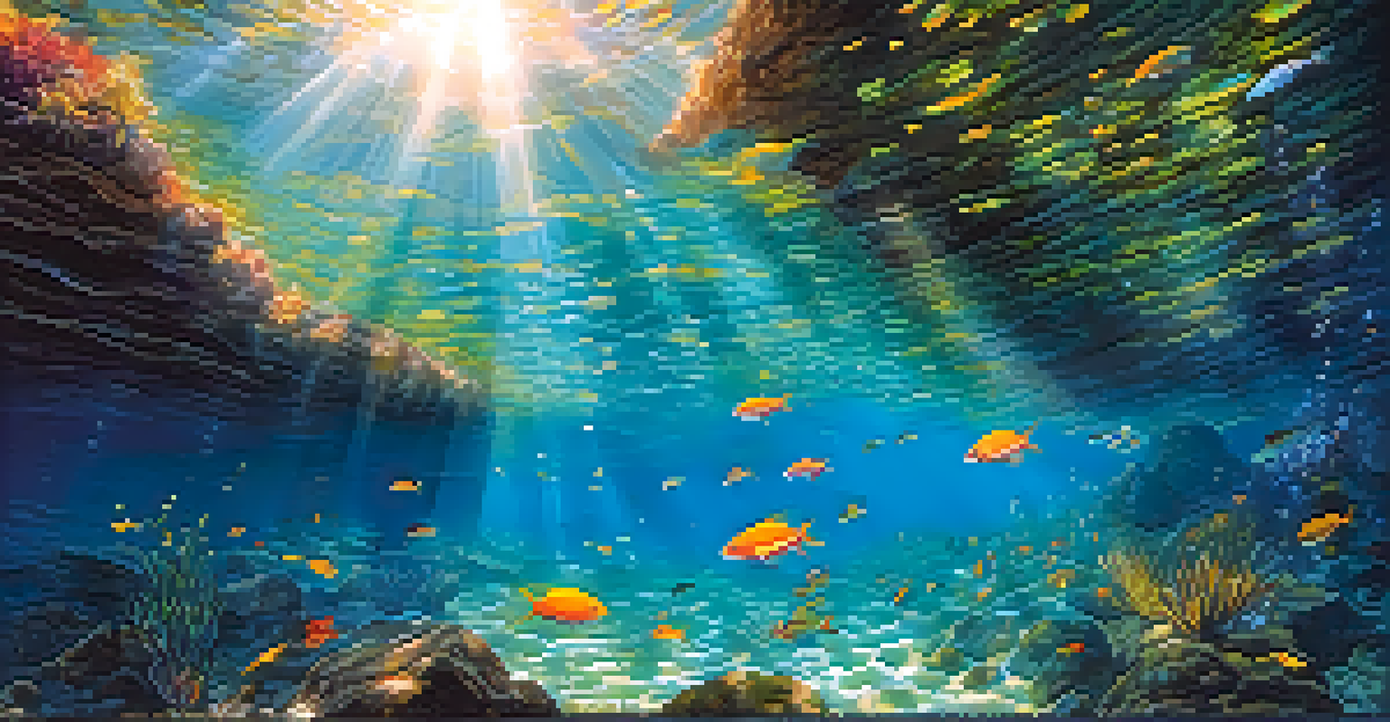 A clear underwater scene in Bonito, Brazil, with colorful fish and rock formations illuminated by sunlight.