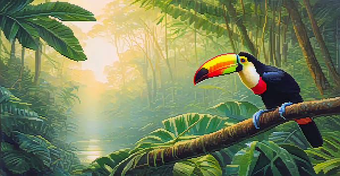 A colorful toucan sitting on a branch in the Amazon rainforest, with soft morning light filtering through the leaves.
