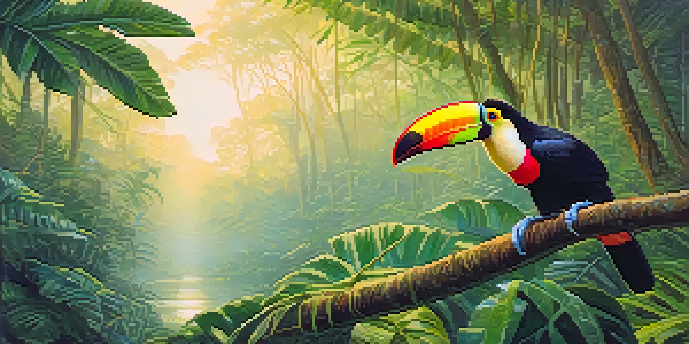 A colorful toucan sitting on a branch in the Amazon rainforest, with soft morning light filtering through the leaves.