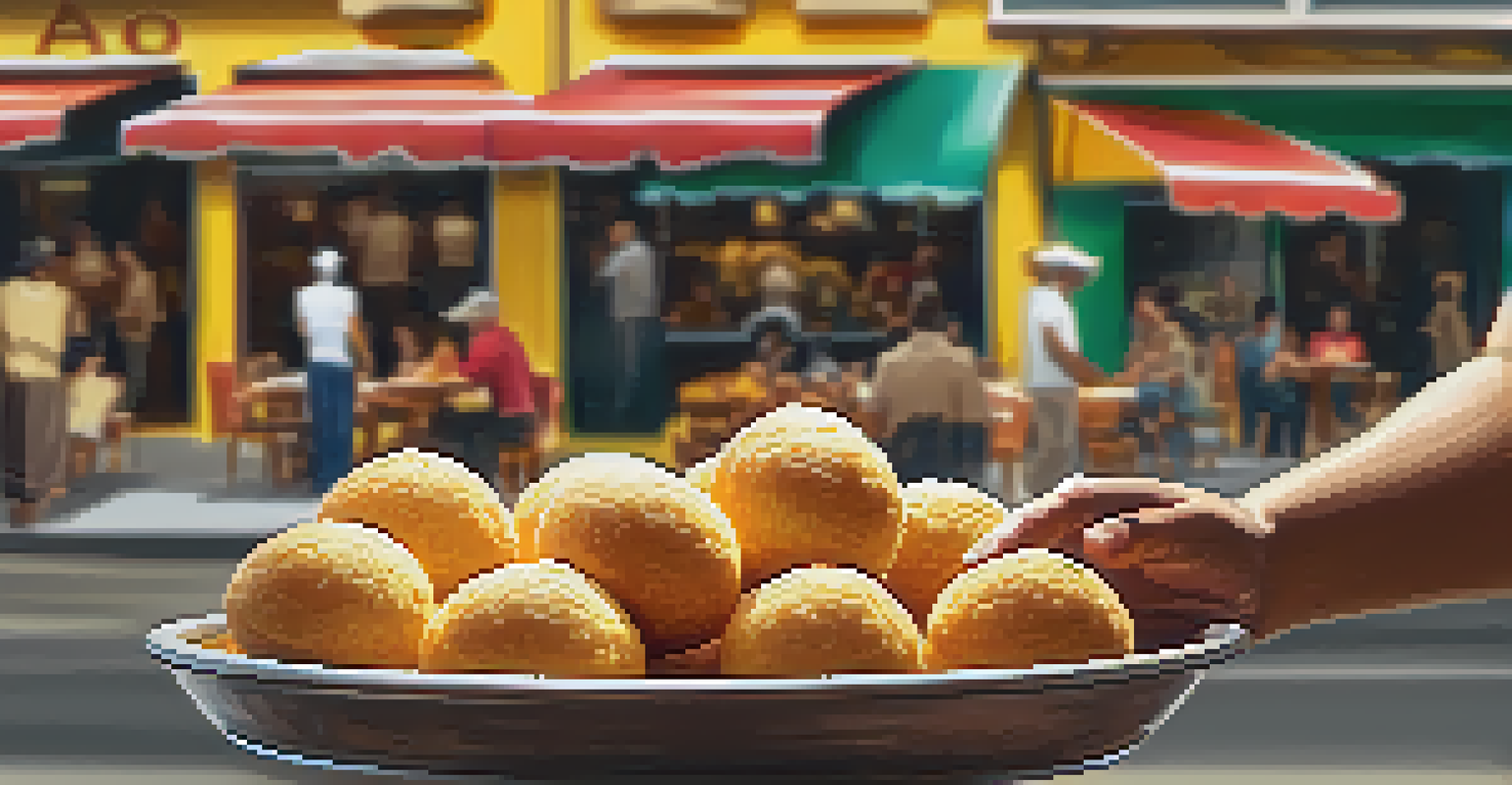 A vendor serving a freshly made cheese bread, highlighting its crispy exterior and soft interior in a busy street setting.