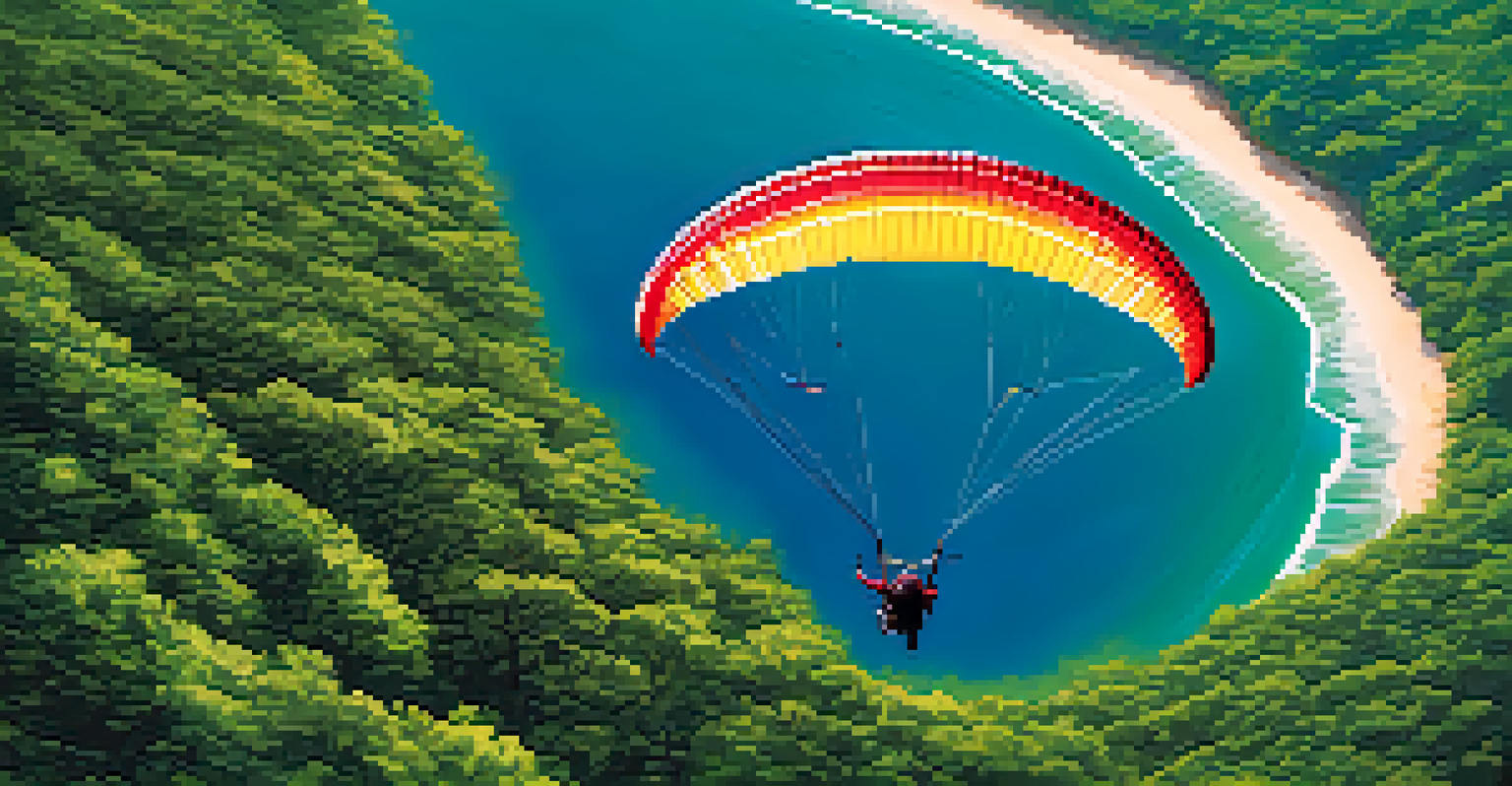 Close-up of a paraglider flying over Pedra Bonita, showcasing vibrant green scenery and the blue ocean below.