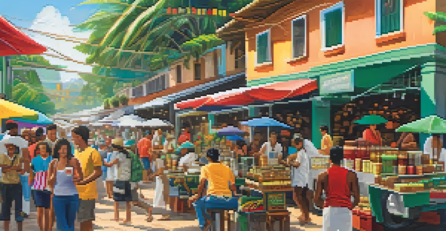 A bustling Brazilian street market with vendors selling coffee and brewing equipment, filled with vibrant colors and happy customers.