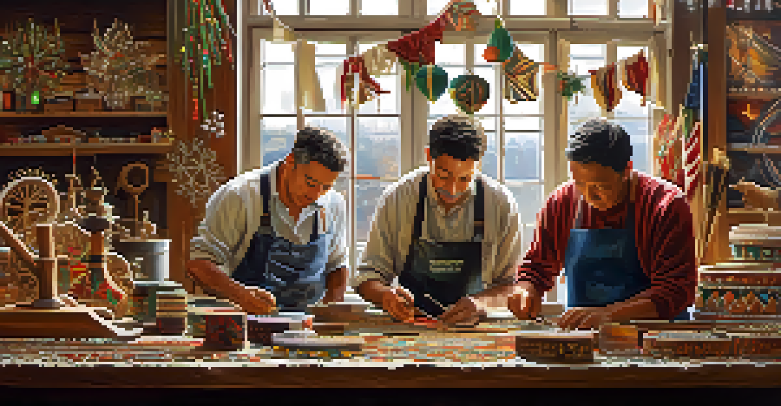 An artisan workshop with craftsmen creating colorful festival decorations, showcasing intricate beadwork and hand-painted banners.