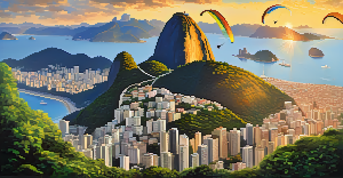 Aerial view of Rio de Janeiro from a paraglider's perspective, featuring the Christ the Redeemer statue and Tijuca Forest at sunset.