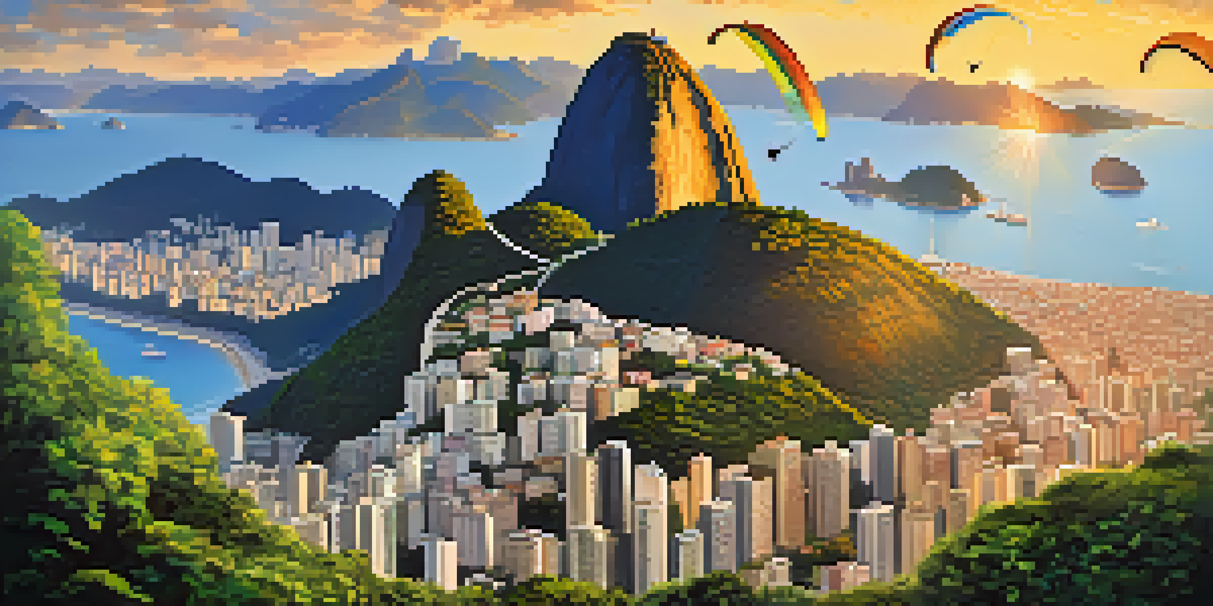 Aerial view of Rio de Janeiro from a paraglider's perspective, featuring the Christ the Redeemer statue and Tijuca Forest at sunset.