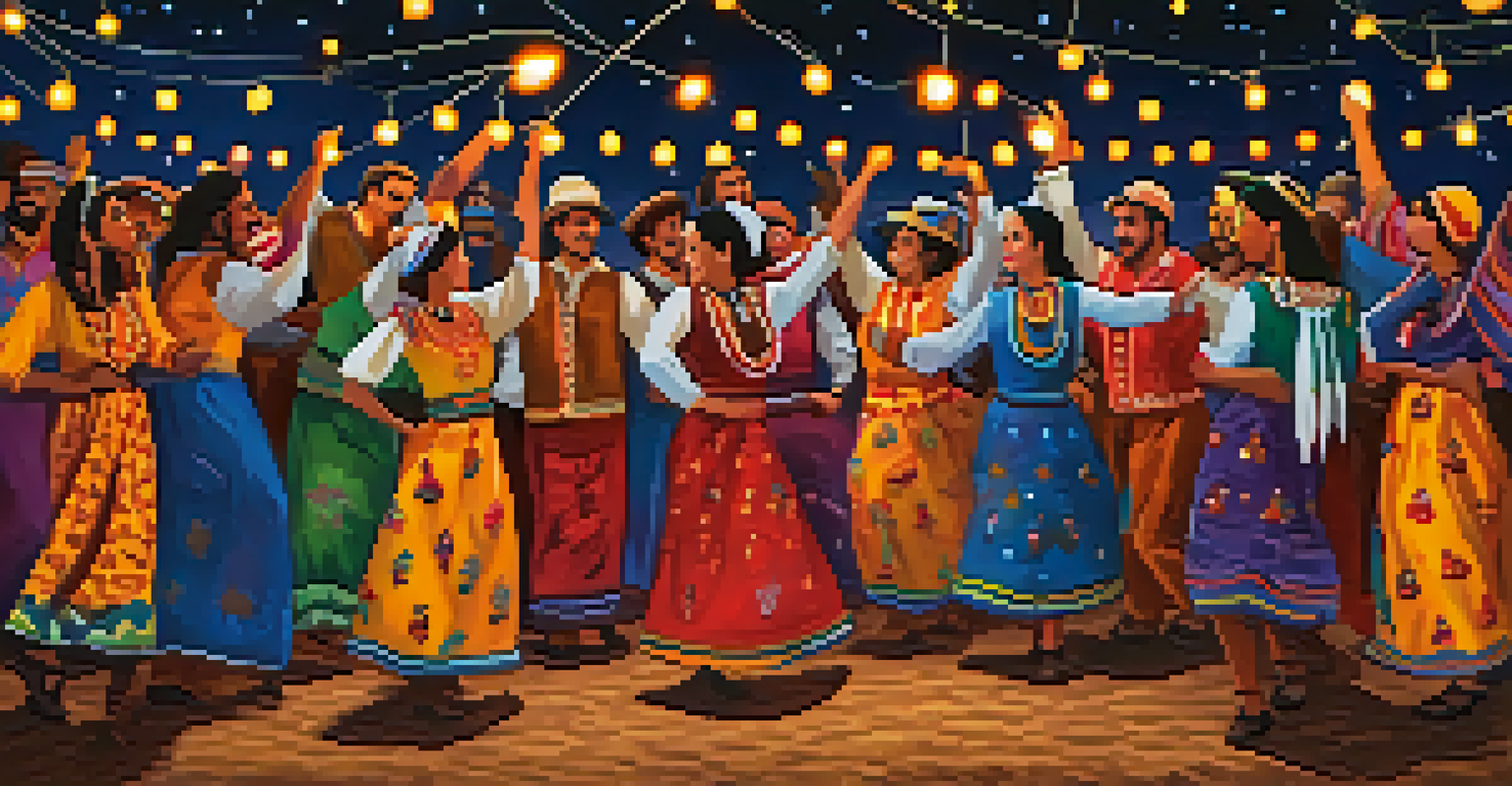 A joyful group of dancers in traditional costumes performing the quadrilha dance around a bonfire at Festa Junina, set against a starry night sky with twinkling lights.