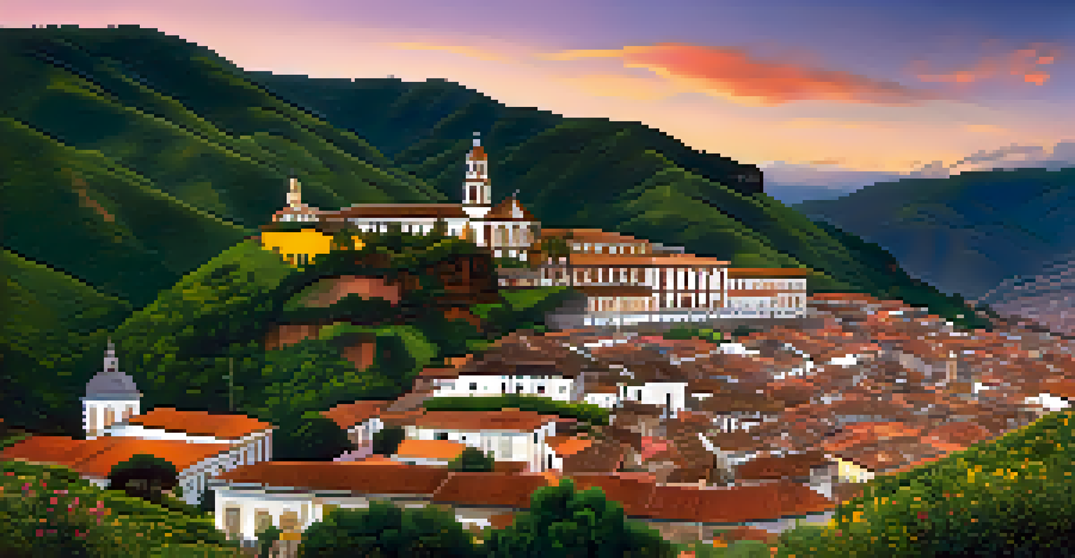 A panoramic view of Ouro Preto, Brazil, showcasing baroque architecture and rolling green hills at sunset.