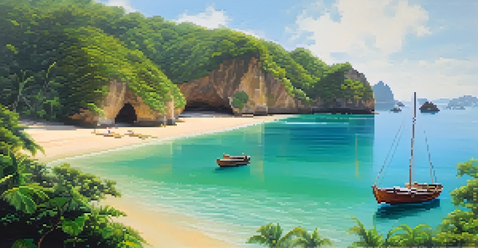 A serene beach scene at Praia do Sancho with clear waters and green cliffs.