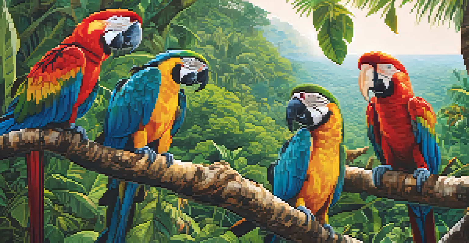Children using binoculars to spot colorful macaws in the Amazon rainforest during a river cruise.