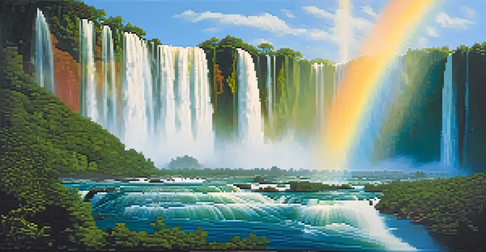 A stunning view of Iguazu Falls with cascading water and a rainbow in the mist, surrounded by lush greenery.