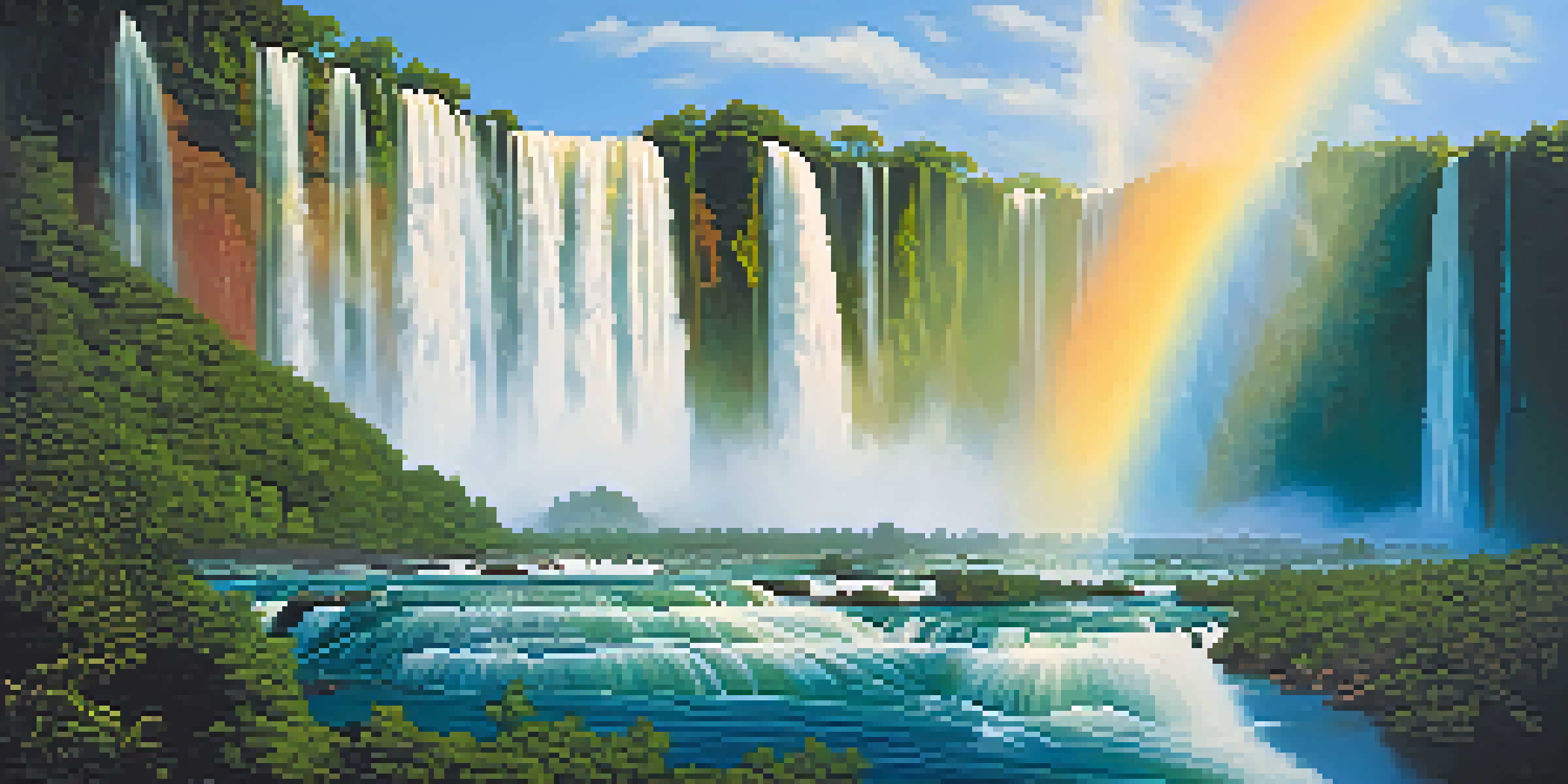 A stunning view of Iguazu Falls with cascading water and a rainbow in the mist, surrounded by lush greenery.