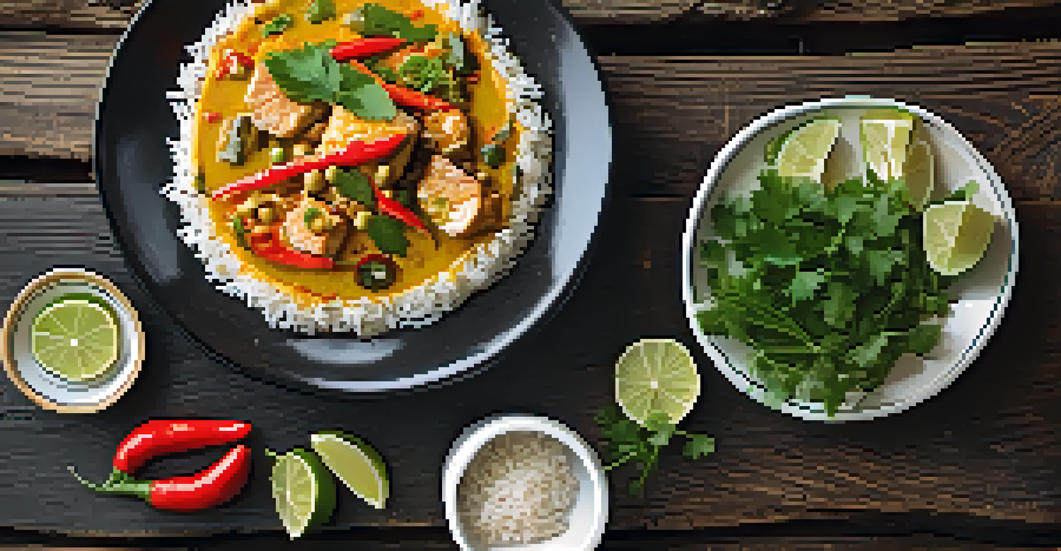 A plate of Bahian moqueca with fish, peppers, rice, and lime, presented on a rustic wooden table with traditional decorations in the background.